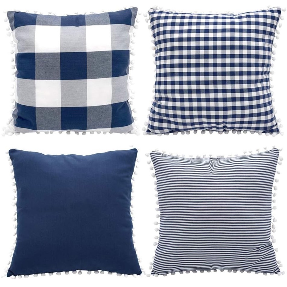 Set of Blue and White Plaid and Striped Throw Pillow Covers 18x18